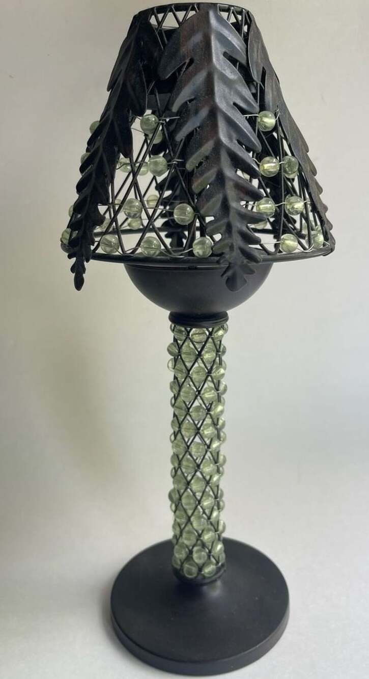Metal Palm Tree Tealight Candle Holder with Green Beaded Shade and Stand